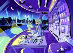  1girl blue_eyes blue_theme bob_cut bowl bridge building cd_player ceiling_light chopsticks city city_lights cityscape clock crescent_moon cup digital_clock disposable_cup fisheye green_hair headphones highres holding holding_cup lamppost layered_sleeves listening_to_music long_sleeves moon nakazawa_ayami night original purple_theme road scenery short_over_long_sleeves short_sleeves sink sitting sky solo star_(sky) starry_sky suspension_bridge table tile_floor tiles watermark 