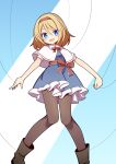  1girl :d alice_margatroid black_pantyhose blonde_hair blue_background blue_eyes brown_footwear capelet commentary_request hairband hekkmushi highres looking_at_viewer open_mouth pantyhose red_hairband short_hair smile solo touhou two-tone_background white_background white_capelet 