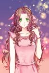  1girl aerith_gainsborough aerith_gainsborough_(basic_pink_dress) bead_bracelet beads blush bosch bracelet breasts brown_hair dress embarrassed final_fantasy final_fantasy_vii final_fantasy_vii_remake frilled_sleeves frills green_eyes hair_ribbon hand_in_own_hair jewelry looking_at_viewer medium_breasts official_alternate_costume parted_bangs pink_dress pink_ribbon ponytail ribbon sidelocks solo upper_body wavy_hair 