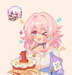  1girl black_choker blue_eyes blue_jacket bra_strap breasts buttons cake chibi chibi_inset choker collarbone commentary earrings flower_ornament food highres holding holding_cake holding_food honkai:_star_rail honkai:_star_rail_sticker_redraw_(meme) honkai_(series) jacket jewelry long_sleeves march_7th_(honkai:_star_rail) march_7th_(preservation)_(honkai:_star_rail) medium_breasts medium_hair meme miiho official_art_inset one_eye_closed open_mouth pink_eyes pink_hair pink_pupils shirt simple_background single_earring smile solo underbust upper_body white_shirt 