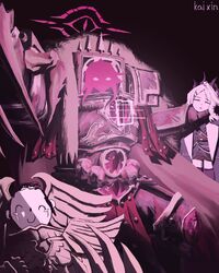  1boy 2girls absurdres artist_name blue_archive closed_eyes coat coat_on_shoulders cowboy_shot crying demon_horns doodle_sensei_(blue_archive) english_commentary halo hand_on_another's_neck highres hina_(blue_archive) horns hoshino_(blue_archive) hoshino_terror_(blue_archive) long_hair multiple_girls parody parted_lips pink_halo sensei_(blue_archive) warhammer_40k zheng_kai_xin 