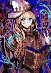  1girl aesc_(fate) aesc_(rain_witch)_(fate) black_bow blonde_hair blue_background blue_eyes book bow braid brooch cloak fate/grand_order fate_(series) floating floating_book floating_object glasses hand_up hat highres holding holding_staff jewelry long_hair looking_at_viewer rioka_(southern_blue_sky) round_eyewear single_braid smile solo staff twitter_username white_cloak white_hat witch_hat 