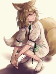  1girl animal_ears blonde_hair closed_mouth dated fox_ears fox_tail full_body hair_between_eyes highres kudamaki_tsukasa m_(neteitai10) short_hair short_sleeves signature socks solo tail test_tube touhou white_romper white_socks yellow_eyes 