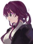  1girl black_jacket collared_shirt commentary_request heart honkai:_star_rail honkai_(series) jacket kafka_(honkai:_star_rail) long_hair looking_at_viewer open_clothes open_jacket parted_lips pink_eyes purple_hair round_eyewear shirt sideways_glance simple_background smile solo sunglasses upper_body white_background white_shirt yanfei_u 