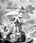  1boy 1girl blaze_the_cat blush chaos_emerald commentary crying english_commentary fire gloves greyscale highres hug monochrome scruffyart silver_the_hedgehog sonic_(series) tail 