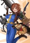  1girl :3 :d alternate_costume animal animal_ears arms_up black_footwear blue_bodysuit bodysuit bone_hair_ornament boots breasts brown_hair commentary dog dog_ears dog_girl dogmeat fallout_(series) fallout_4 fang german_shepherd goggles gun hair_ornament holding holding_weapon hololive inugami_korone large_breasts long_sleeves looking_at_viewer mister_handy_(fallout) over_shoulder pip_boy red_scarf revolver scarf smile sora_no_tori trigger_discipline v-shaped_eyebrows virtual_youtuber weapon weapon_over_shoulder 