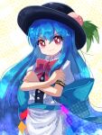  1girl black_hat blue_hair bow bowtie bright_pupils closed_mouth commentary_request crossed_arms food fruit hat highres hinanawi_tenshi leaf looking_at_viewer peach plus2sf red_bow red_bowtie red_eyes short_sleeves solo touhou upper_body white_pupils 