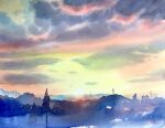  blue_sky building clouds cloudy_sky didi_daisukedoi highres hill horizon no_humans orange_sky original painting_(medium) shadow sky sun sunlight traditional_media tree watercolor_(medium) 