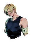  1boy aimalvo bags_under_eyes bandaged_arm bandages bare_shoulders black_tank_top blonde_hair blue_eyes closed_mouth cropped_arms hair_behind_ear hair_over_eyes highres leon_s._kennedy male_focus resident_evil resident_evil_4 resident_evil_4_(remake) serious simple_background solo tank_top three_quarter_profile twitter_username upper_body white_background 