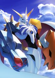  1boy absurdres armor cape clouds cowboy_shot digimon digimon_(creature) hasegawa_(hase_popopo) highres horns multiple_heads omegamon red_cape robot shoulder_armor shoulder_spikes solo spikes sunlight two-sided_cape two-sided_fabric white_cape 