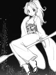  1girl botan_(yu_yu_hakusho) broom broom_riding city floating full_body greyscale japanese_clothes kajino_(aosansai) kimono long_hair looking_at_viewer monochrome open_mouth ponytail solo yu_yu_hakusho 