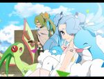  2girls antennae bird blue_eyes blue_hair blue_skin blue_sky claws closed_eyes closed_mouth clouds colored_skin commentary_request double_bun fang fluffy flygon flying_miku_(project_voltage) green_hair green_skin grey_cloak ground_miku_(project_voltage) hair_bun hatsune_miku highres holding holding_map long_hair map multiple_girls open_mouth outdoors p_0_a pokemon pokemon_(creature) project_voltage sky smile standing swablu translation_request twintails vocaloid wings 