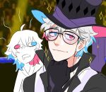  2boys ahoge bettel_2_(gavis_bettel) black_gloves blue_eyes blue_hair brothers commentary drooling eyelashes gavis_bettel glasses gloves grey_hair hair_between_eyes hat heterochromia high_collar highres holostars holostars_english looking_at_viewer male_focus medium_hair multicolored_hair multiple_boys open_mouth pink_eyes pink_hair pokeparkfan purple_ribbon ribbon shirt short_hair siblings sketch smile solo sparkle top_hat twins upper_body virtual_youtuber white_shirt 