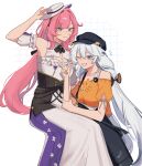  2girls armpits bare_shoulders black_bow black_bowtie black_hat blue_eyes blue_nails bow bowtie breasts closed_mouth detached_sleeves dress earphones elysia_(honkai_impact) elysia_(miss_pink_elf)_(honkai_impact) hair_between_eyes hair_ornament hairclip hat highres honkai_(series) honkai_impact_3rd kiana_kaslana long_dress long_hair looking_at_viewer multiple_girls off-shoulder_shirt off_shoulder official_alternate_costume orange_shirt paw_print pink_hair puffy_short_sleeves puffy_sleeves rena_(_rrena) shirt short_sleeves smile strapless strapless_dress teeth tilted_hat two-tone_dress very_long_hair w white_background white_hair white_hat 