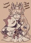  1boy 1girl aimoahmed butterfly_hair_ornament celine_(fire_emblem) closed_eyes crown crying facing_viewer fire_emblem fire_emblem_engage hair_ornament highres long_hair monochrome open_mouth sommie_(fire_emblem) two-tone_fur very_long_hair 