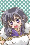  1girl :o armor black_hair blush breastplate earrings elbow_gloves fire_emblem fire_emblem:_genealogy_of_the_holy_war gloves hair_between_eyes highres jewelry kirarilana_55 larcei_(fire_emblem) open_mouth polka_dot polka_dot_background purple_tunic short_hair shoulder_armor sidelocks simple_background solo tunic violet_eyes 