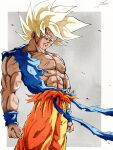  1boy abs battle_damage blonde_hair blood blood_from_mouth blood_on_arm blood_on_chest blue_sash blue_shirt blue_wristband clenched_hand collarbone cowboy_shot dragon_ball dragon_ball_z green_eyes highres injury looking_down male_focus muscular muscular_male orange_pants pants pato007711 pectorals sash shirt signature simple_background solo son_goku spiky_hair super_saiyan super_saiyan_1 torn_clothes torn_shirt veins wind wristband 