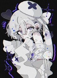  +_+ 1girl bandaged_arm bandages bandaid bandaid_on_face bare_shoulders black_background blush bow cross cross_earrings dress earclip earrings gauze gauze_on_cheek grey_hair hair_between_eyes hand_up hat hat_bow heart jellyfish jewelry long_sleeves looking_at_viewer motion_lines open_mouth original short_hair simple_background sleeves_past_fingers sleeves_past_wrists solo tabun_ningen trembling violet_eyes white_bow white_dress white_hat 