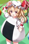 1girl alternate_costume arm_up blonde_hair blush commentary_request cowboy_shot crystal_wings eyes_visible_through_hair flandre_scarlet food_costume frilled_hat frilled_sleeves frills green_background hair_between_eyes hand_up hat hat_ribbon highres looking_at_viewer medium_hair mob_cap onigiri_costume open_mouth puffy_short_sleeves puffy_sleeves red_eyes red_ribbon ribbon ruu_(tksymkw) short_sleeves smile solo standing thigh-highs touhou white_hat white_thighhighs wings wrist_cuffs 