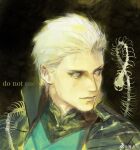 1boy absurdres blue_coat blue_eyes closed_mouth coat devil_may_cry_(series) hai_ren_ma hair_slicked_back highres looking_at_viewer smile solo vergil_(devil_may_cry) white_hair 