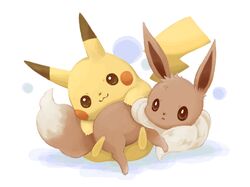  animal_focus brown_eyes creatures_(company) eevee game_freak gen_1_pokemon lying nintendo no_humans open_mouth pikachu pokemon pokemon_(creature) polkadot simple_background smile white_background 