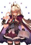  1girl blonde_hair blunt_bangs book bracelet bracer brooch cagliostro_(granblue_fantasy) cape cowboy_shot granblue_fantasy grin hairband hand_up highres jewelry looking_at_viewer open_book red_cape red_skirt sidelocks skirt smile solo soukou_makura spiked_hairband spikes star_(symbol) starry_background thigh-highs tiara violet_eyes zettai_ryouiki 