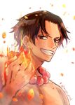  1boy black_hair commentary fire freckles highres jewelry looking_at_viewer magu_pink male_focus necklace one_piece pearl_necklace portgas_d._ace short_hair smile solo topless_male twitter_username upper_body 