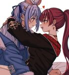  2girls animal_ears arms_around_neck black_jacket blue_jacket blue_ribbon blush carrot_hair_ornament choker denim denim_jacket earrings eye_contact food-themed_hair_ornament fur-trimmed_jacket fur_trim hair_ornament hair_ribbon heart heart_earrings high_ponytail highres hololive homura_(hmr0222) houshou_marine houshou_marine_(summer) jacket jewelry long_hair long_sleeves looking_at_another multiple_girls off_shoulder official_alternate_costume orange_eyes parted_lips rabbit_ears rabbit_girl red_eyes redhead ribbon short_hair smile sweatdrop teeth thick_eyebrows upper_teeth_only usada_pekora usada_pekora_(casual) virtual_youtuber white_choker yuri 