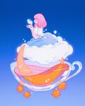  1girl blue_background blue_skirt closed_eyes clouds crescent_moon cup gradient_background highres holding holding_cup long_skirt medium_hair meyoco moon on_cloud original pastel_colors pink_hair pink_liquid shirt short_sleeves simple_background skirt star_(sky) steam teacup white_shirt 