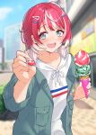  1girl absurdres aqua_jacket blurry blurry_background blush collarbone food grey_hair highres holding holding_ice_cream_cone holding_spoon hood hoodie ice_cream ice_cream_cone idolmaster idolmaster_va-liv incoming_food jacket looking_at_viewer multicolored_hair outdoors red_eyes short_twintails smile solo spoon tomori_manaka tonguewasabi twintails two-tone_hair upper_body white_hoodie 