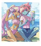  1boy 1girl aizawa_sachi beach bikini blue_skin blue_sky captain_spaceboy closed_mouth clouds collarbone colored_skin cup dark-skinned_female dark_skin dated day holding holding_cup hole_in_stomach hole_on_body long_hair looking_at_viewer ocean omori open_mouth outdoors pink_bikini pink_eyes pink_hair polka_dot polka_dot_bikini short_hair sky smile sweetheart_(omori) swimsuit teacup teeth twintails upper_teeth_only water 