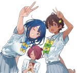  3girls :o ;d blue_bow blue_bowtie blue_eyes blue_hair bow bowtie breasts brown_hair dark_blue_hair dark_skin double-parted_bangs dress_shirt food-themed_hair_ornament furrowed_brow green_bow green_bowtie grey_skirt grin hair_between_eyes hair_ornament hair_over_one_eye half-closed_eyes highres imigimuru key_visual komari_chika lemon_hair_ornament make_heroine_ga_oo_sugiru! medium_breasts multiple_girls official_art one_eye_closed one_eye_covered open_mouth pleated_skirt promotional_art red_bow red_bowtie redhead school_uniform shirt sidelocks simple_background skirt smile sweat swept_bangs thick_eyebrows transparent_background v violet_eyes white_shirt yakishio_remon yanami_anna yellow_bow yellow_bowtie yellow_eyes 