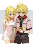  1boy 1girl absurdres arm_behind_back bare_shoulders black_pants blonde_hair blue_eyes cellphone commentary_request dress hair_between_eyes highres holding holding_phone jacket kingdom_hearts kingdom_hearts_ii kingdom_hearts_iii long_hair namine nana_(nanalog76) open_clothes open_jacket pants phone pointy_hair roxas short_hair short_sleeves sleeveless sleeveless_dress white_dress white_jacket 