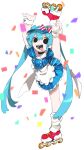  1girl :p absurdres apron aqua_hair arms_up back_bow black_choker black_eyes blue_dress blue_hat blurry blurry_background bow buttons cheri_zao choker confetti crazy crazy_smile dress hair_bow hair_intakes hat hatsune_miku highres holding_own_leg leg_up long_hair looking_at_viewer loose_socks mesmerizer_(vocaloid) open_mouth pinstripe_dress pinstripe_hat pinstripe_pattern red_footwear roller_skates sharp_teeth simple_background skates smile socks solo split standing standing_on_one_leg standing_split striped_bow striped_clothes striped_dress teeth tongue tongue_out twintails vertical-striped_clothes vertical-striped_dress very_long_hair visor_cap vocaloid white_apron white_background white_bow white_socks 