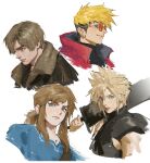  4boys absurdres armor black_shirt blonde_hair blue_eyes blue_tunic cloud_strife coat cropped_torso final_fantasy final_fantasy_vii final_fantasy_vii_rebirth final_fantasy_vii_remake fur-trimmed_jacket fur_trim glasses hair_between_eyes highres holding holding_sword holding_weapon i_monos jacket leather leather_jacket leon_s._kennedy link looking_at_viewer low_ponytail medium_hair multiple_boys over_shoulder parted_bangs portrait red_coat resident_evil resident_evil_4 resident_evil_4_(remake) shirt short_hair shoulder_armor sidelocks single_bare_shoulder single_shoulder_pad sketch sleeveless sleeveless_turtleneck smile spiky_hair swept_bangs sword the_legend_of_zelda the_legend_of_zelda:_breath_of_the_wild the_legend_of_zelda:_tears_of_the_kingdom trigun trigun_stampede turtleneck undercut vash_the_stampede weapon weapon_over_shoulder white_background 