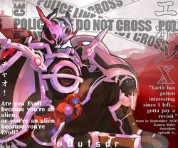  0utsdr 1boy alien armor bodysuit character_request commentary_request english_text evol_driver evolto full_armor fullbottle gloves helmet highres horns kamen_rider kamen_rider_build_(series) kamen_rider_evol kamen_rider_evol_x kamen_rider_outsiders male_focus mixed-language_commentary multicolored_bodysuit multicolored_clothes red_eyes rider_belt science_fiction shoulder_armor shoulder_spikes solo spikes tokusatsu translation_request white_armor 