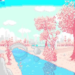  blue_sky bush city clouds cloudy_sky color_guide day grass highres no_humans original outdoors park path pink_theme pixel_art plant reflection river riverbank rock scenery sky skyline tomoruka_mr tree water 