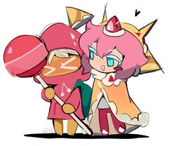  >_< 1girl 1other androgynous arrcticc_fish backpack bag barefoot blue_eyes blush blush_stickers candy cape chibi chibi_only child colored_eyelashes cookie_run cookie_run:_kingdom food green_bag hair_between_eyes hat heart highres holding holding_candy holding_food holding_lollipop hood hood_up hoodie lollipop looking_at_another medium_hair open_mouth orange_cape orange_hat oversized_food oversized_object pants pink_hair pink_hoodie red_pants shadow simple_background standing strawberry_cookie strawberry_crepe_cookie triangle_mouth white_background white_eyelashes white_footwear white_hair 