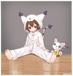  1girl absurdres barefoot blue_eyes border brown_eyes brown_hair closed_mouth commentary_request digimon eyelashes fake_tail full_body highres kuma-bound pajamas pawpads sitting smile soles spread_legs tail tailmon toes white_border white_fur white_hood yagami_hikari 