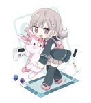  1girl :d black_thighhighs blush_stickers bow brown_hair brown_skirt chess_piece controller danganronpa_(series) danganronpa_2:_goodbye_despair diaper dice ear_bow green_jacket highres hood hooded_jacket hug jacket looking_at_viewer medium_hair monomi_(danganronpa) nanami_chiaki open_clothes open_jacket pink_eyes skirt smile spaceship_hair_ornament standing thigh-highs zettai_ryouiki 