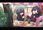 2girls armband black_choker black_hair black_serafuku blue_archive choker closed_eyes commentary commentary_request doughnut drinking_straw facing_another food hair_ornament hair_over_eyes hairclip halo hand_on_own_face head_rest highres ichika_(blue_archive) justice_task_force_member_(blue_archive) looking_at_another multiple_girls neckerchief open_mouth own_hands_together red_armband red_neckerchief sailor_collar sailor_shirt school_uniform seisu serafuku shirt talking 