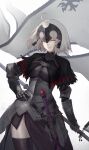  1girl ahoge armor armored_dress banner black_capelet black_dress black_thighhighs breasts cape capelet chain cowboy_shot dress fate/grand_order fate_(series) faulds flag fur-trimmed_cape fur_trim gauntlets headpiece highres holding holding_flag jeanne_d&#039;arc_alter_(avenger)_(fate) jeanne_d&#039;arc_alter_(avenger)_(first_ascension)_(fate) jeanne_d&#039;arc_alter_(fate) large_breasts looking_at_viewer plackart short_hair smile solo standard_bearer sword thigh-highs torn_capelet torn_clothes weapon white_flag white_hair yasu_(segawahiroyasu) yellow_eyes 