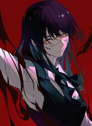  1girl absurdres black_hair black_necktie black_vest chainsaw_man collared_shirt highres huanjueji-phantom long_hair looking_to_the_side necktie outstretched_arm parted_lips red_background red_eyes scar scar_on_cheek scar_on_face scar_on_nose shirt simple_background solo upper_body vest white_shirt yoru_(chainsaw_man) 