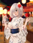  1girl absurdres and-j_(dlwjdqja1212) blue_eyes breasts candy_apple cowboy_shot flower food food_stand grey_hair hair_flower hair_ornament hair_over_one_eye hairpin hamakaze_(kancolle) highres japanese_clothes kantai_collection kimono large_breasts medium_hair night solo torii white_kimono yatai yukata 