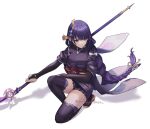  1girl blunt_bangs braid closed_mouth genshin_impact hair_ornament hair_ribbon highres holding holding_polearm holding_weapon japanese_clothes long_hair looking_to_the_side mano_(m1n0f2e1) mole mole_under_eye on_one_knee polearm purple_hair raiden_shogun ribbon simple_background single_braid solo thighs tomoe_(symbol) twitter_username violet_eyes weapon white_background 