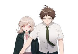  1boy 1girl alternate_hair_ornament breasts brown_hair collared_shirt danganronpa_(series) danganronpa_2:_goodbye_despair flipped_hair hair_ornament hinata_hajime hood jacket long_sleeves looking_at_viewer medium_hair nanami_chiaki neck_ribbon open_clothes open_jacket pink_eyes pink_ribbon ribbon shirt triangle_hair_ornament white_shirt 