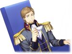  1boy artist_request ascot beard blue_eyes blue_vest brown_hair code_geass code_geass:_lost_stories cropped_torso cup drink dutch_angle epaulettes facial_hair game_cg grey_jacket grin half-closed_eyes hand_up happy high_collar highres holding holding_cup holding_drink jacket long_sleeves looking_at_viewer military_uniform non-web_source odysseus_eu_britannia official_art on_chair shirt short_hair simple_background sitting smile teacup teeth transparent_background uniform upper_body vest white_ascot white_shirt 