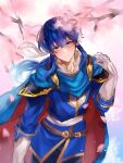  1boy blue_cape blue_eyes blue_hair blush cape cherry_blossoms closed_mouth commentary falling_petals fire_emblem fire_emblem:_genealogy_of_the_holy_war gloves gold_trim highres long_hair looking_at_viewer male_focus petals red_cape seliph_(fire_emblem) smile solo symbol-only_commentary tnomenko two-sided_cape two-sided_fabric two-tone_cape white_gloves 