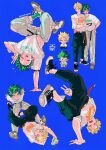  2boys ^_^ arms_up bakugou_katsuki belt black_footwear black_pants blonde_hair blue_background boku_no_hero_academia bottle cellphone closed_eyes clothes_writing commentary dancing freckles green_eyes green_hair hand_around_waist hand_on_own_hip handstand highres holding holding_phone leaning_back looking_at_phone looking_at_viewer lying male_focus midoriya_izuku multiple_boys on_back one_arm_handstand open_mouth orange_eyes pants phone red_belt shirt shoes simple_background sitting smile sneakers souko_(floyd) spiky_hair t-shirt teeth twitter_username upper_teeth_only v water_bottle white_footwear white_pants white_shirt 