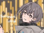  1girl bang_dream! bang_dream!_it&#039;s_mygo!!!!! blurry blurry_background brown_eyes clenched_teeth commentary_request english_text floating_hair grey_hair grey_jacket hair_between_eyes highres jacket looking_at_viewer nanami_(nunnun_0410) short_hair solo takamatsu_tomori teeth upper_body 